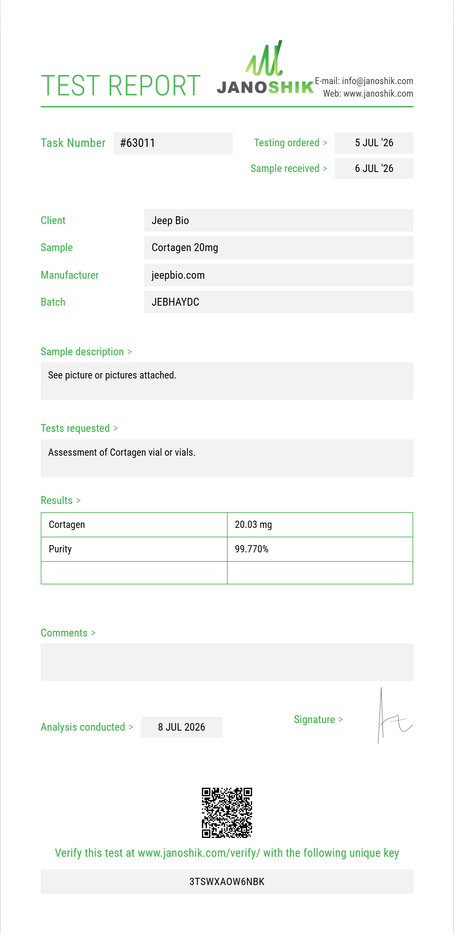 Cortagen Purity (HPLC) report by Janoshik Analytical