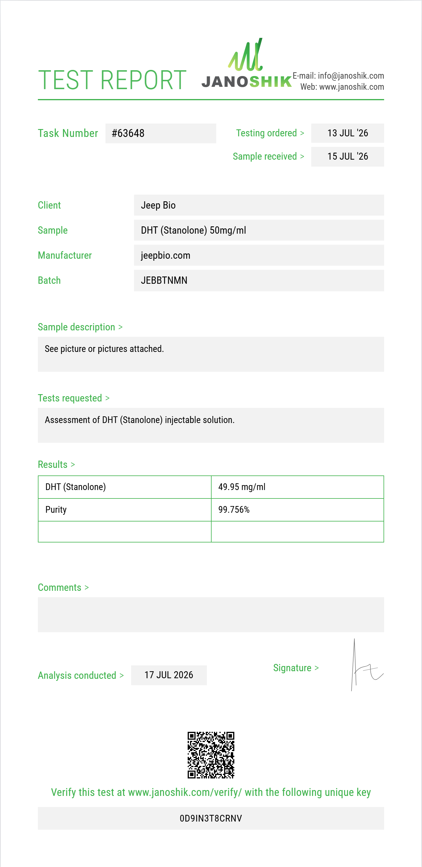 DHT (Stanolone) Purity (HPLC) report by Janoshik Analytical