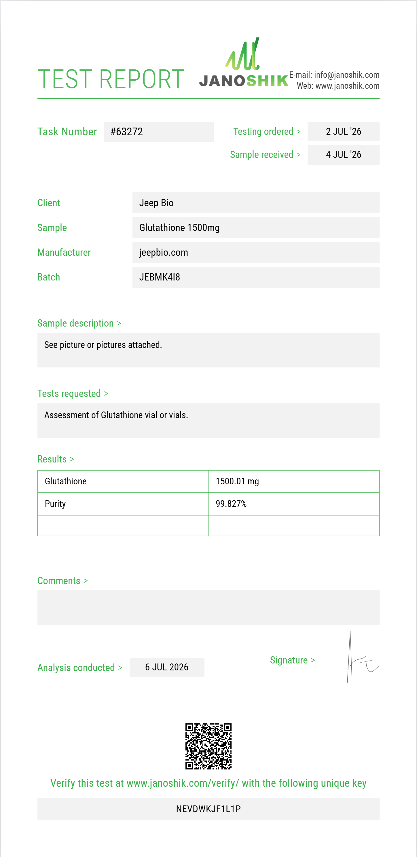 Glutathione Purity (HPLC) report by Janoshik Analytical