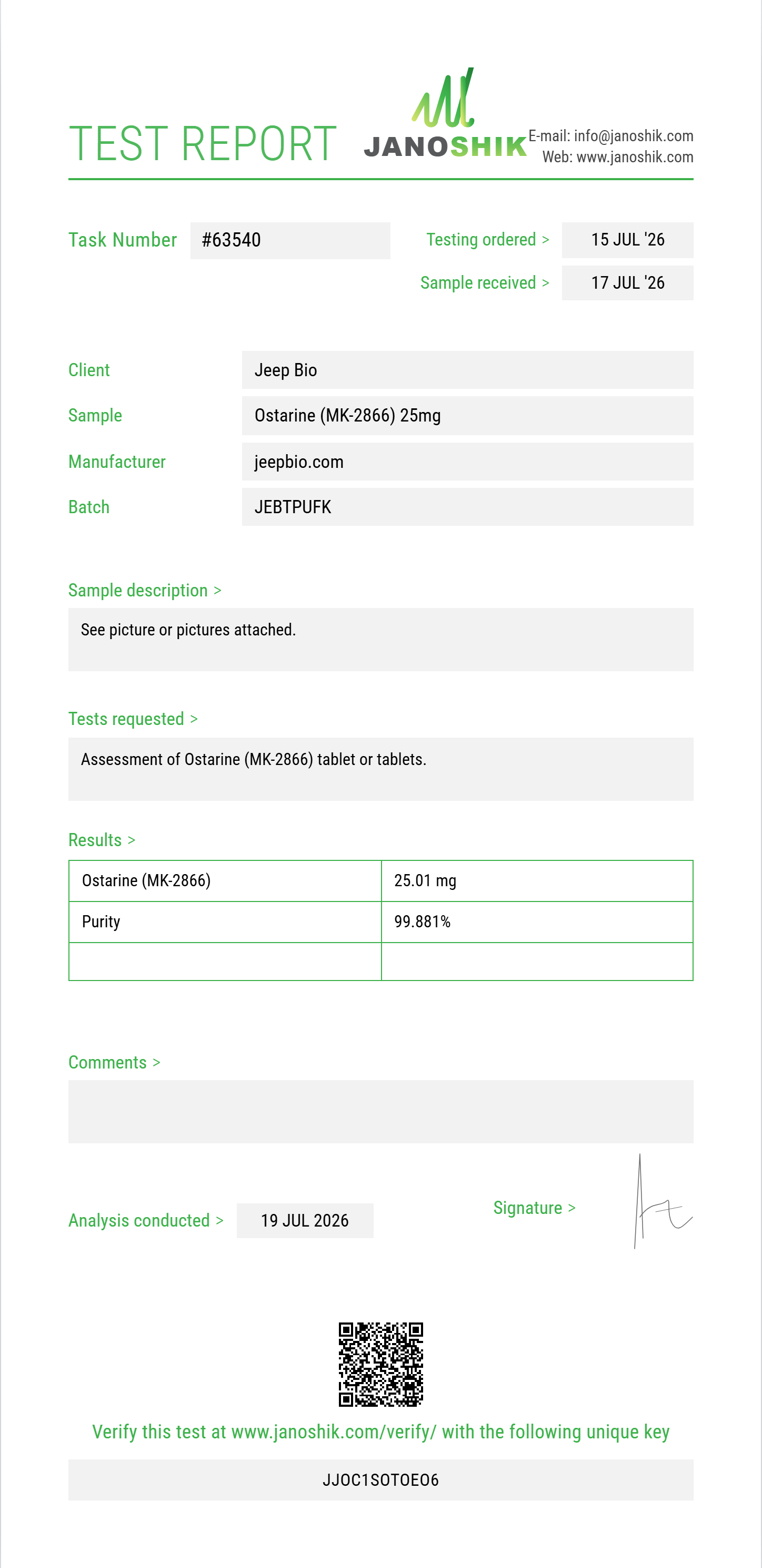 Ostarine (MK-2866) Purity (HPLC) report by Janoshik Analytical