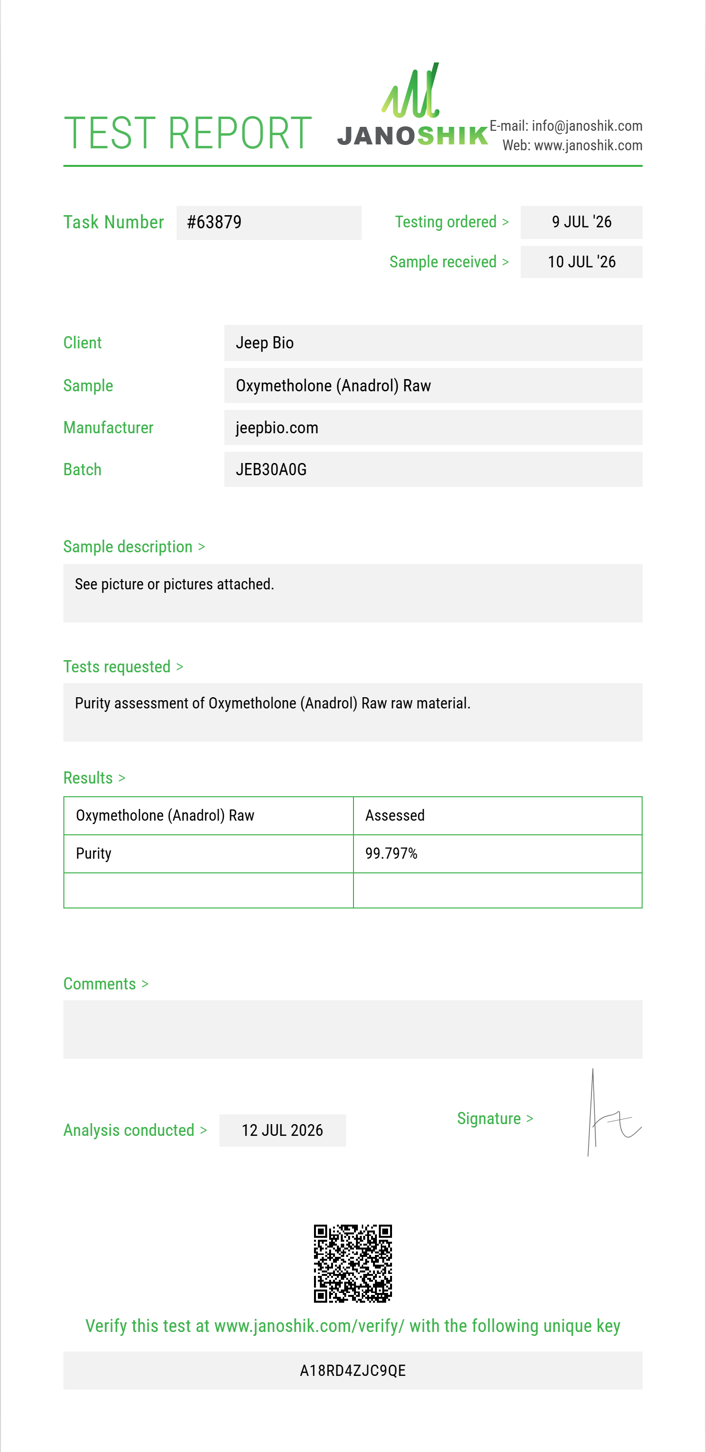 Oxymetholone (Anadrol) Raw Purity (HPLC) report by Janoshik Analytical