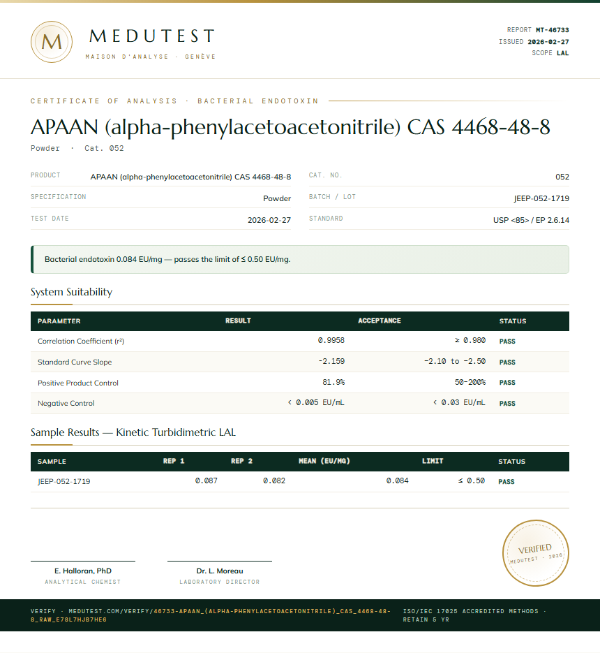 APAAN (alpha-phenylacetoacetonitrile) CAS 4468-48-8 Endotoxin report by Medu Laboratories