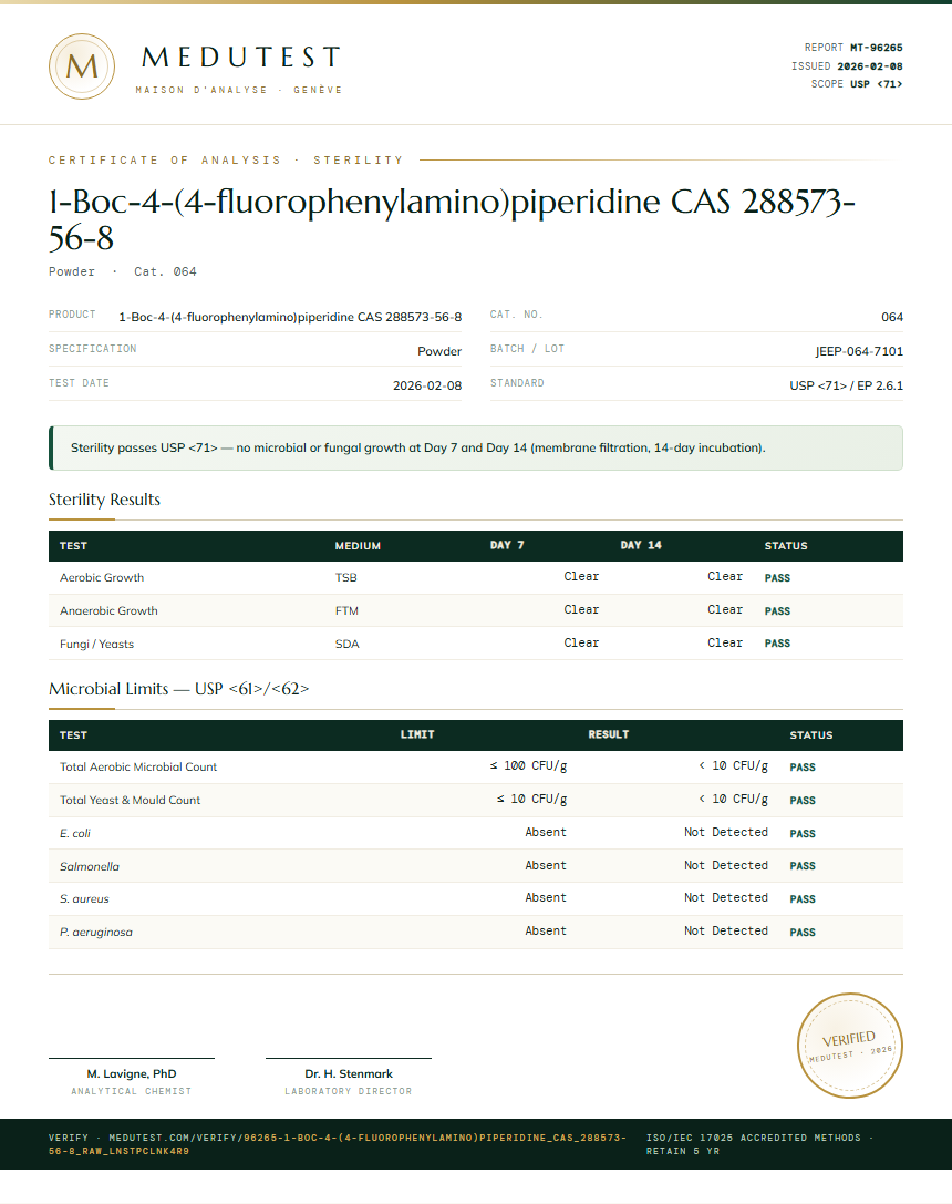 1-Boc-4-(4-fluorophenylamino)piperidine CAS 288573-56-8 Sterility report by Medu Laboratories