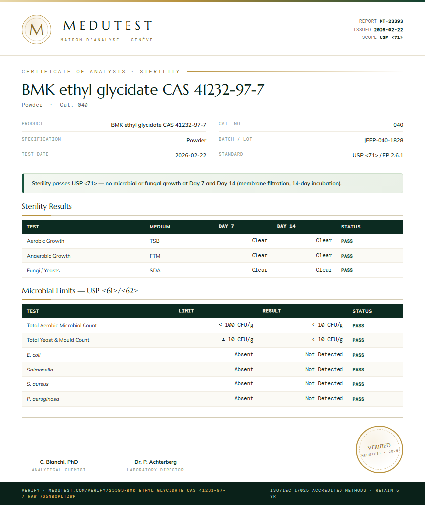BMK ethyl glycidate CAS 41232-97-7 Sterility report by Medu Laboratories