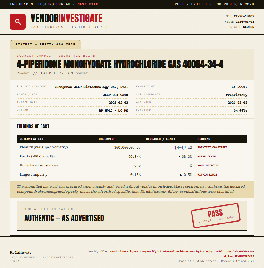 4-Piperidone monohydrate hydrochloride CAS 40064-34-4 Purity (HPLC) report by VendorInvestigator