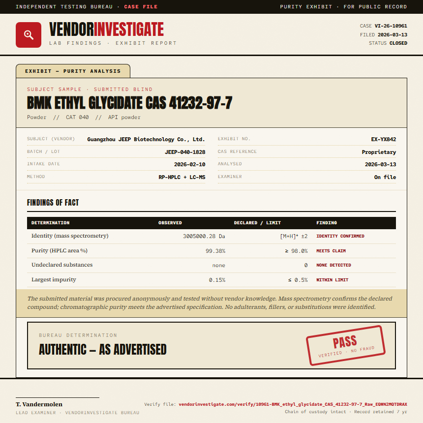 BMK ethyl glycidate CAS 41232-97-7 Purity (HPLC) report by VendorInvestigator