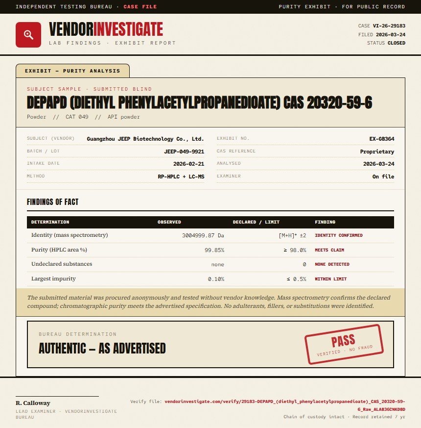 DEPAPD (diethyl phenylacetylpropanedioate) CAS 20320-59-6 Purity (HPLC) report by VendorInvestigator