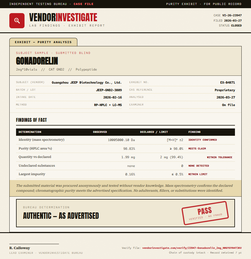 Gonadorelin Purity (HPLC) report by VendorInvestigator