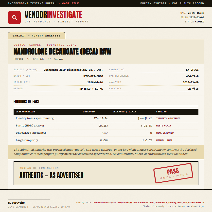Nandrolone Decanoate (Deca) Raw Purity (HPLC) report by VendorInvestigator