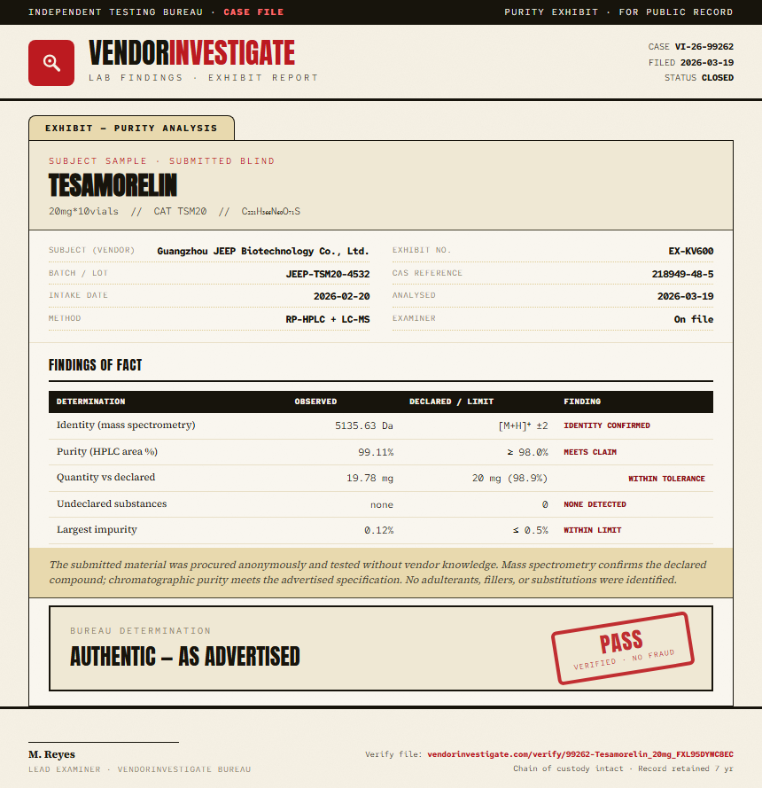 Tesamorelin Purity (HPLC) report by VendorInvestigator