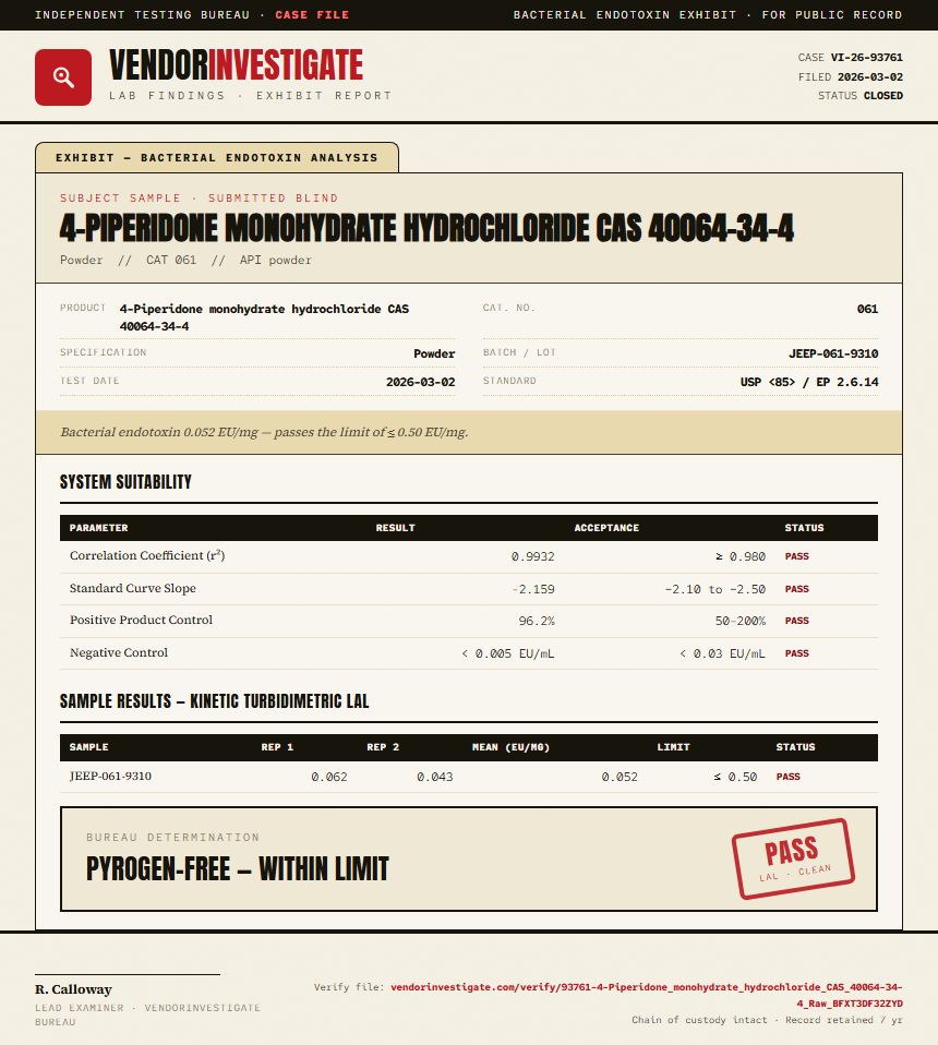 4-Piperidone monohydrate hydrochloride CAS 40064-34-4 Endotoxin report by VendorInvestigator