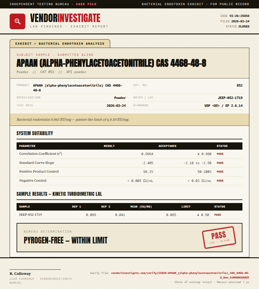 APAAN (alpha-phenylacetoacetonitrile) CAS 4468-48-8 Endotoxin report by VendorInvestigator