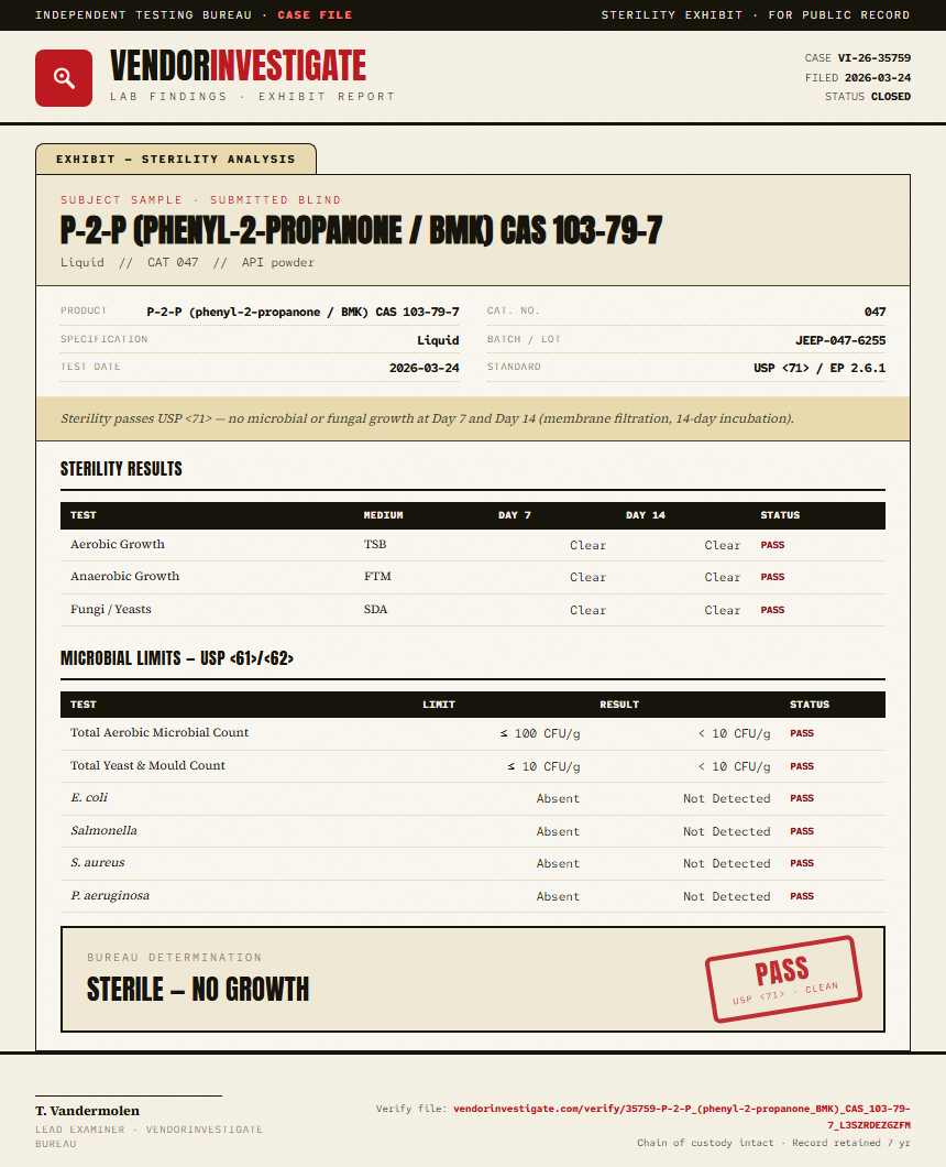 P-2-P (phenyl-2-propanone / BMK) CAS 103-79-7 Sterility report by VendorInvestigator