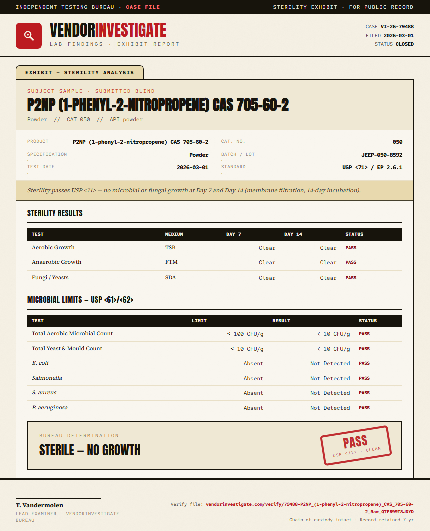 P2NP (1-phenyl-2-nitropropene) CAS 705-60-2 Sterility report by VendorInvestigator